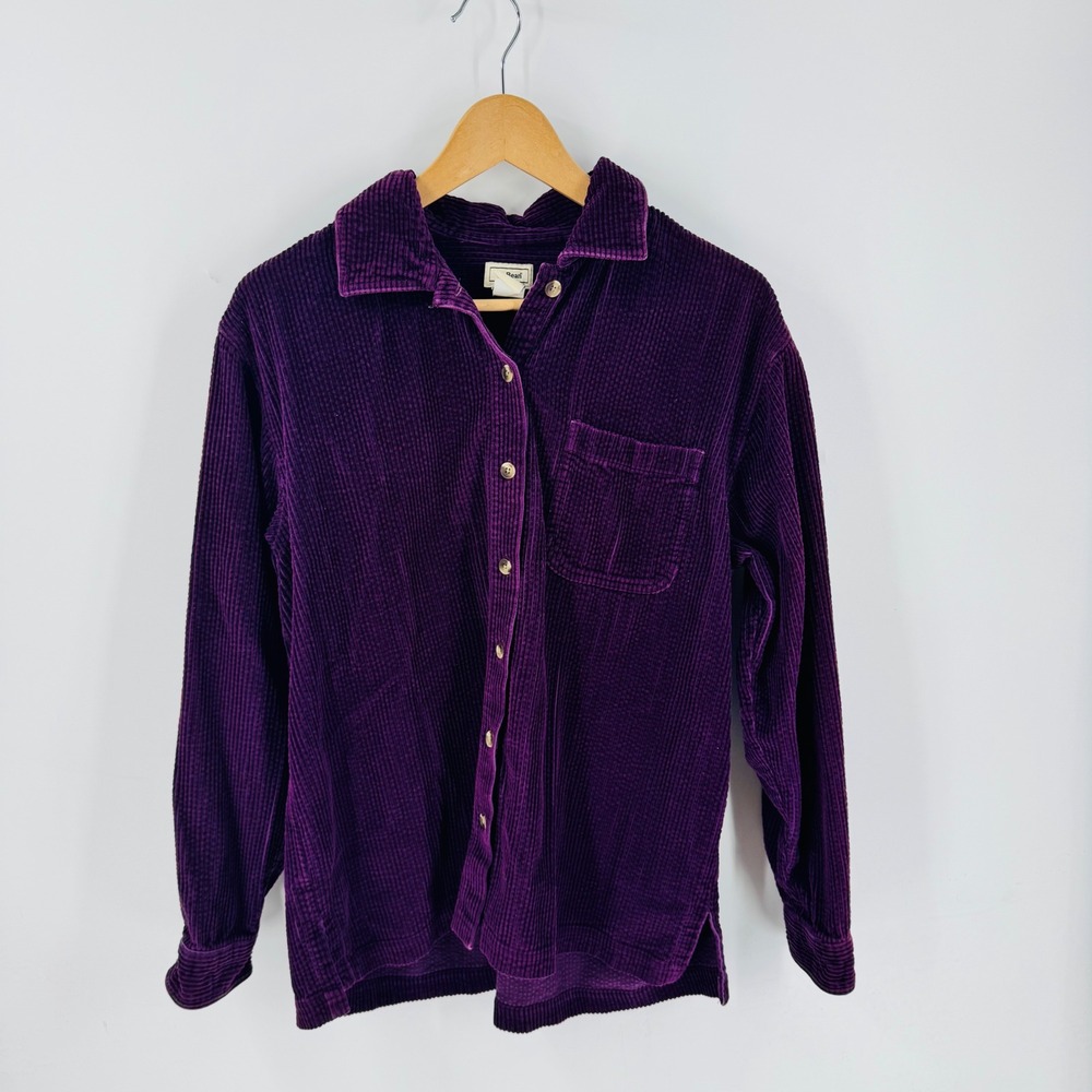 VTG L.L. Bean Corduroy Button Front Shirt Long Sleeve Purple Cotton Pocket Sz M